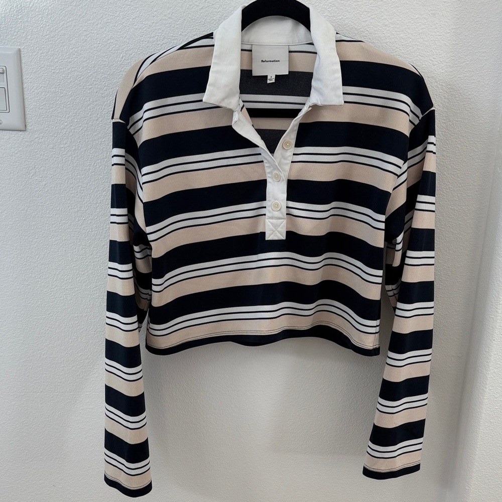 Reformation Navy and Beige Striped Button Down Shirt